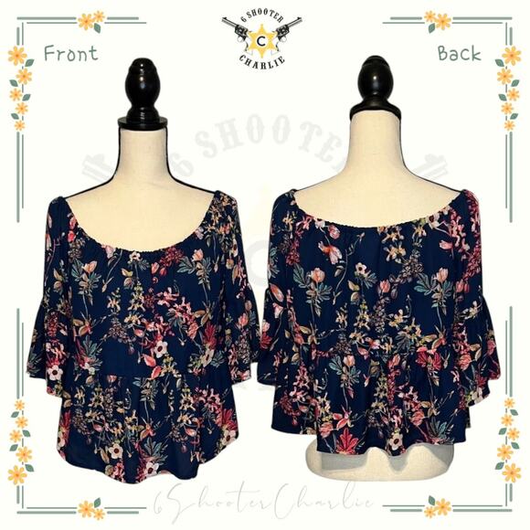 a.n.a. A New Approach Blouse Womens PM Navy Floral Bell Sleeve Off The Shoulder - Picture 1 of 7